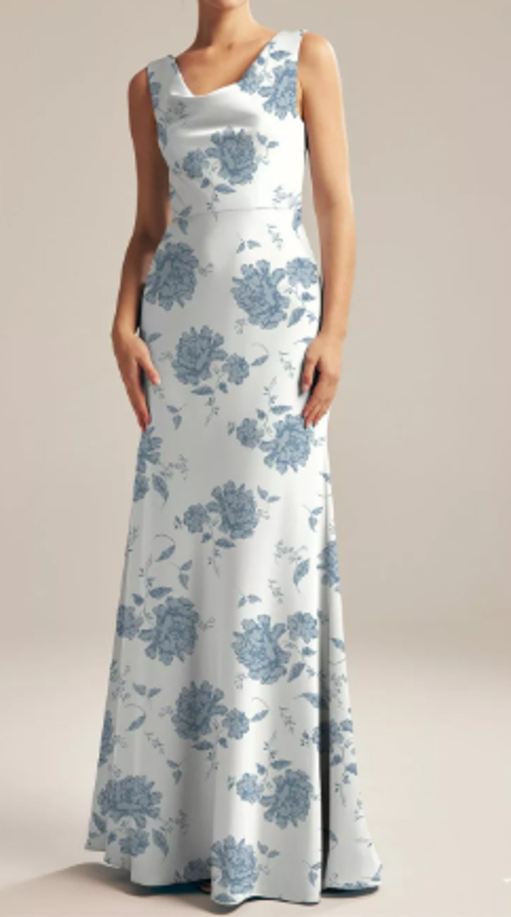 AW BRIDAL 4 S dusty blue peonies Maura satin charmeuse cowl maxi dress NEW 0B14